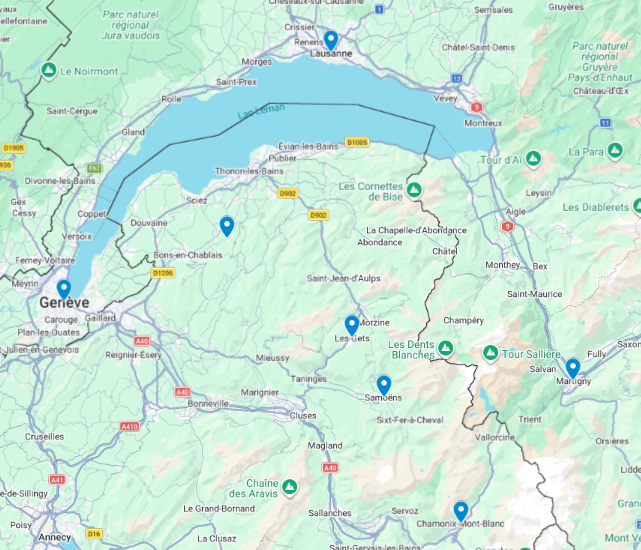 Carte des secteurs d'intervention : Les Gets, Morzine, vallée d'Aulps et Chablais